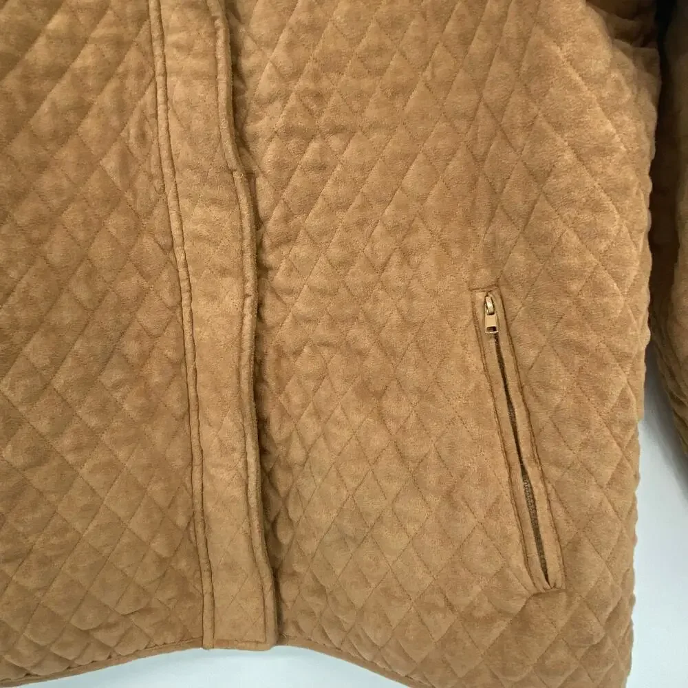 Fu Da New York Faux Suede Camel Brown Quilted Jacket Women's Size Large